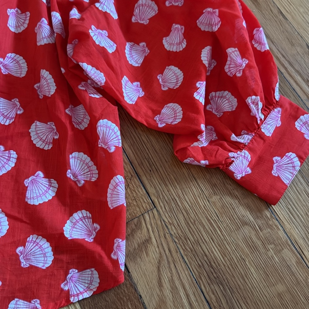 Maeve Anthropologie Shell Print red Women's puff sleeve button down blouse S - Picture 6 of 7